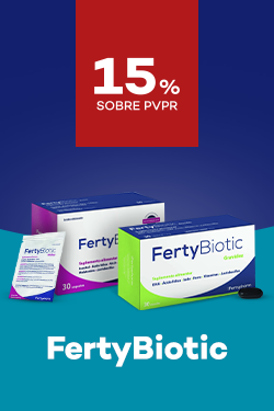Suplementos da marca FertyBiotic com destaque promocional de 15% sobre pre&ccedil;o de Venda ao P&uacute;blico Recomendado